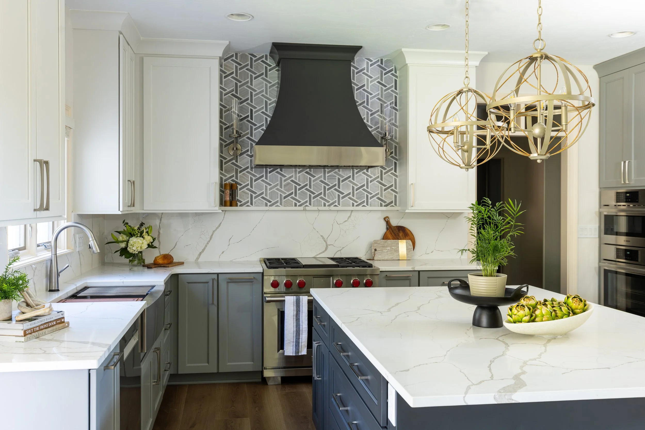 Detail of custom timber cabinetry and marble in a Carmel kitchen